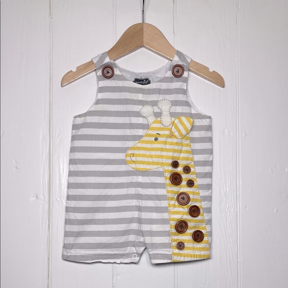 MUD PIE VGUC Boys 100% Cotton Giraffe Embroidered Appliqué Striped Romper